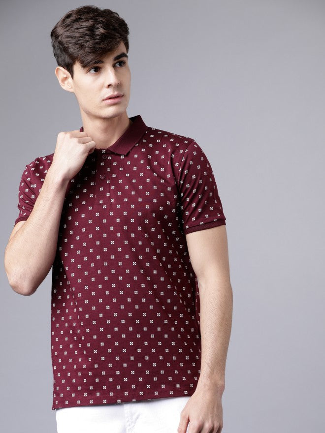 Maroon Casual Printed Polo Collar T-shirt - Maroon - Image 1