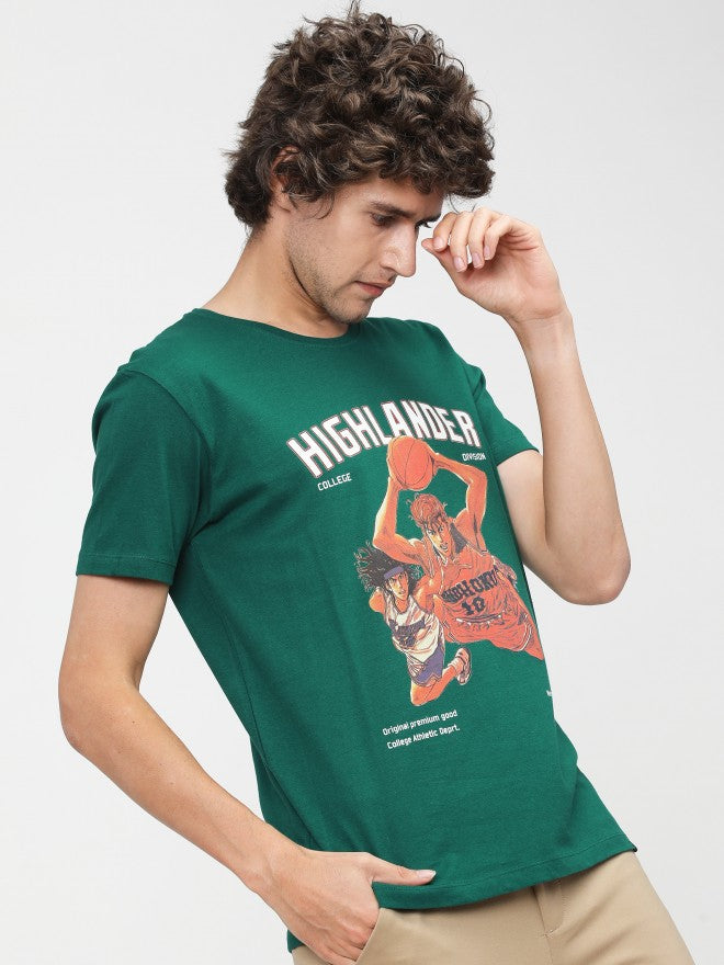 Men Green Printed Round Neck Cotton T-shirt - Green - Image 1
