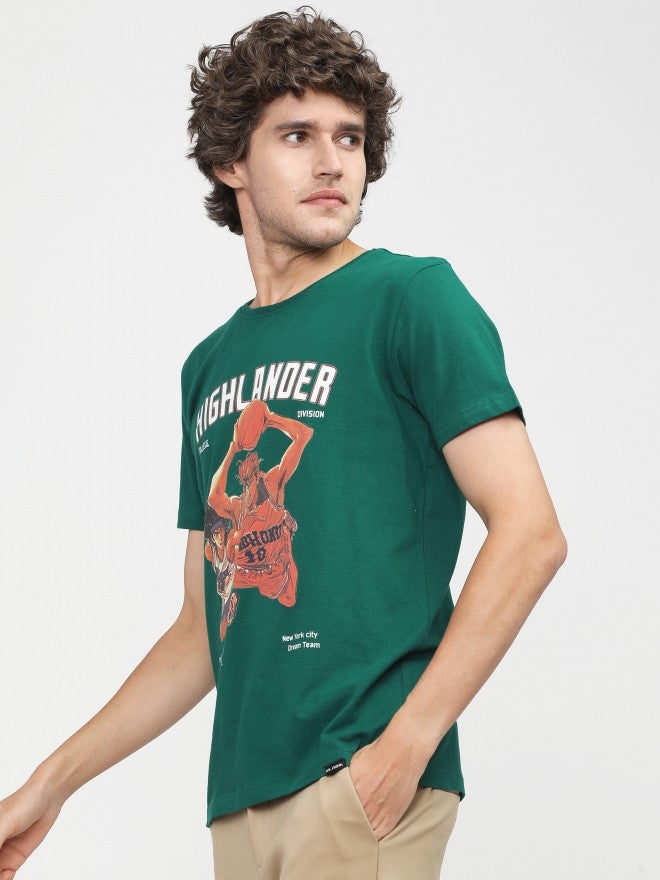 Men Green Printed Round Neck Cotton T-shirt - Green - Image 2