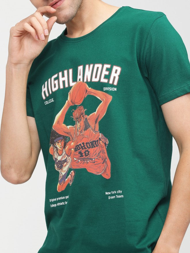 Men Green Printed Round Neck Cotton T-shirt - Green - Image 4