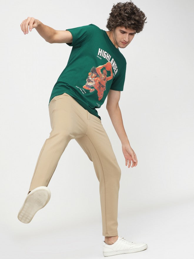Men Green Printed Round Neck Cotton T-shirt - Green - Image 5