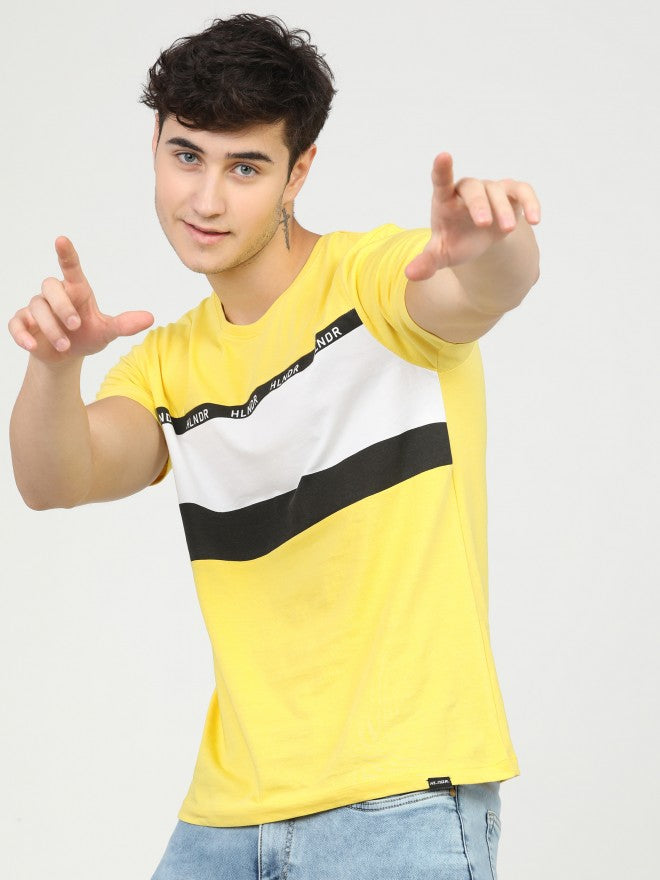Men Yellow/Black Printed Round Neck Cotton T-shirt - Yellow - Image 1