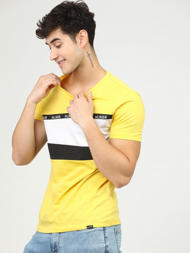 Men Yellow/Black Printed Round Neck Cotton T-shirt - Yellow - Image 2