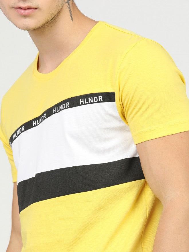 Men Yellow/Black Printed Round Neck Cotton T-shirt - Yellow - Image 4