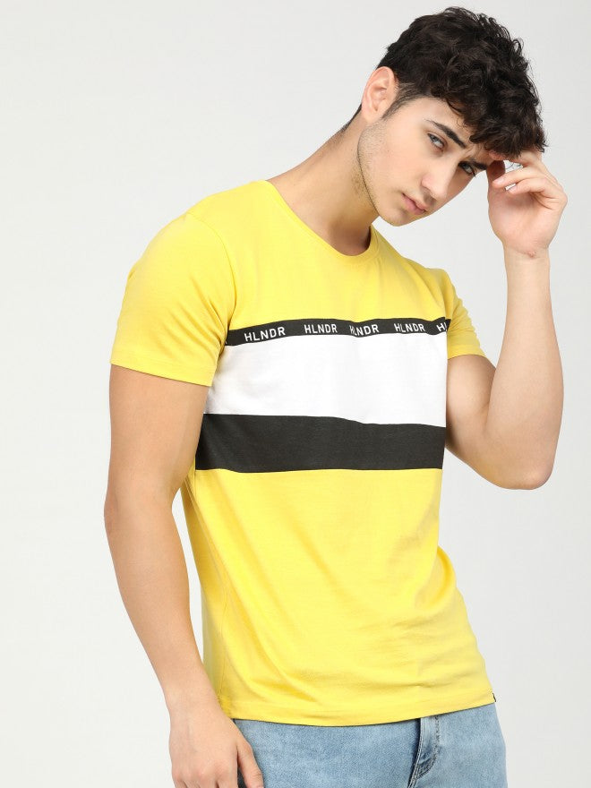 Men Yellow/Black Printed Round Neck Cotton T-shirt - Yellow - Image 6