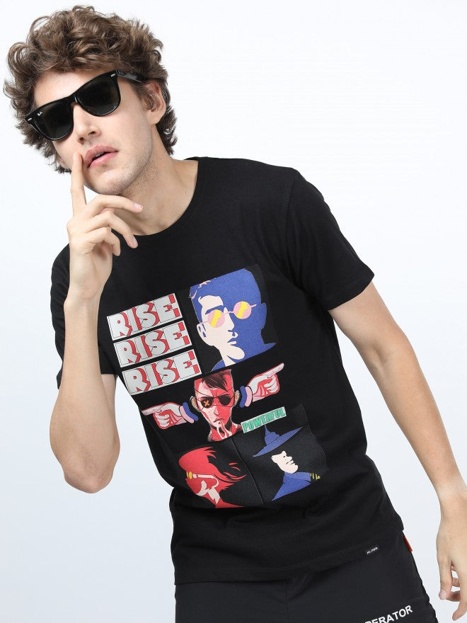 Men Jet Black Printed Round Neck Cotton T-shirt - Black - Image 1