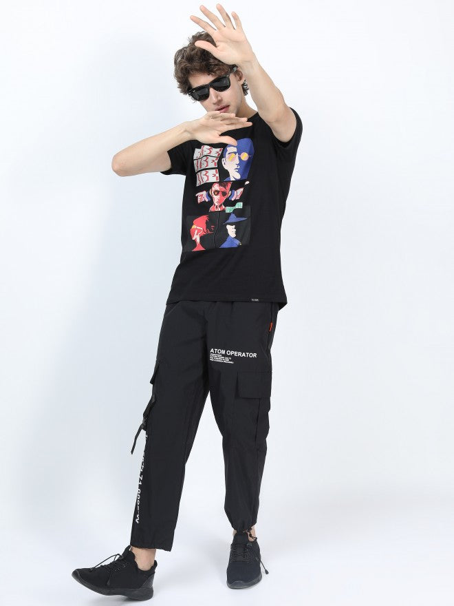 Men Jet Black Printed Round Neck Cotton T-shirt - Black - Image 2