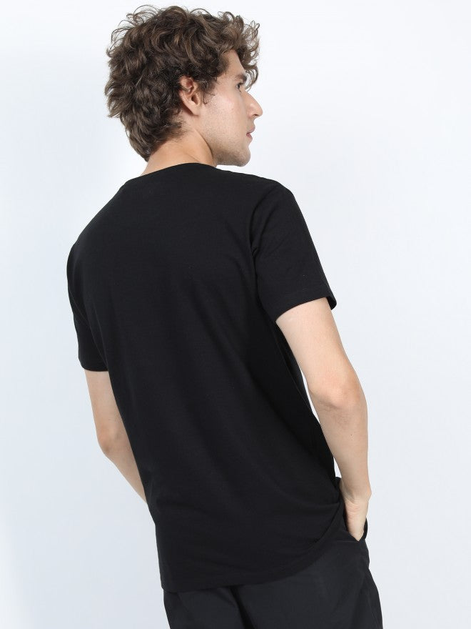 Men Jet Black Printed Round Neck Cotton T-shirt - Black - Image 3