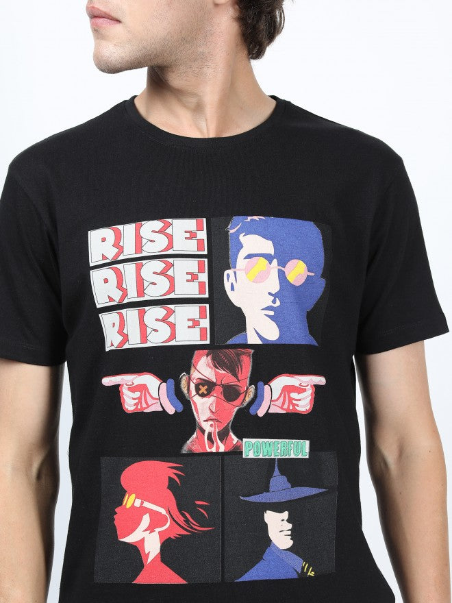 Men Jet Black Printed Round Neck Cotton T-shirt - Black - Image 4