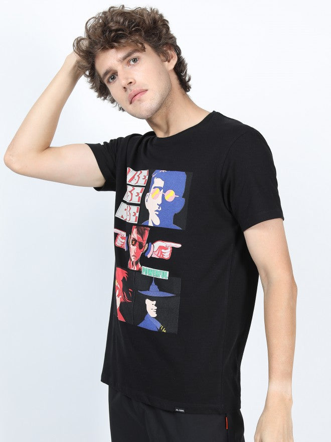 Men Jet Black Printed Round Neck Cotton T-shirt - Black - Image 5