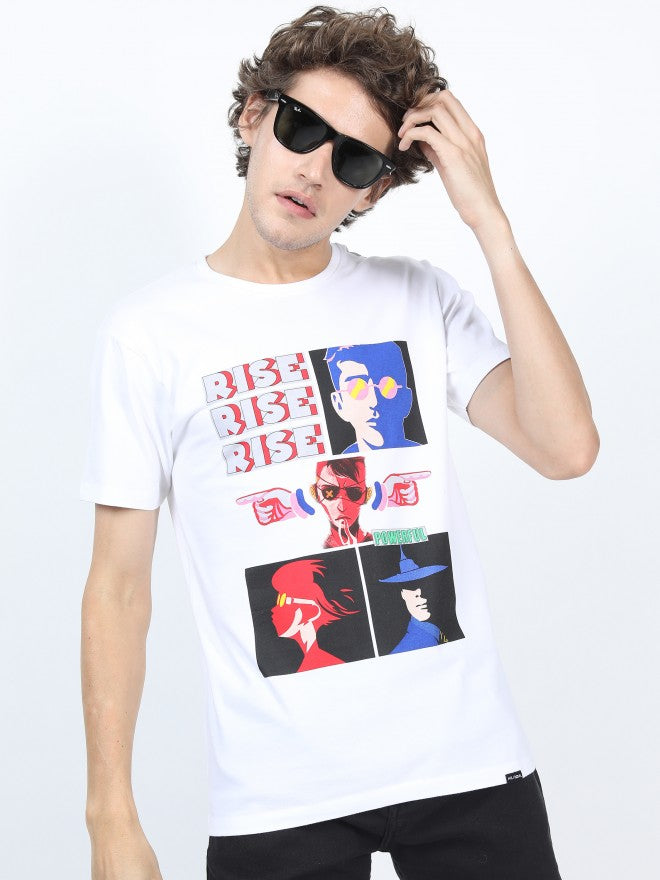 Men White Printed Round Neck Cotton T-shirt - White - Image 1