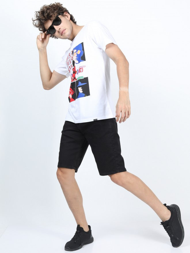 Men White Printed Round Neck Cotton T-shirt - White - Image 2