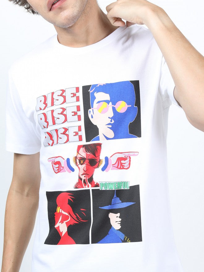 Men White Printed Round Neck Cotton T-shirt - White - Image 4