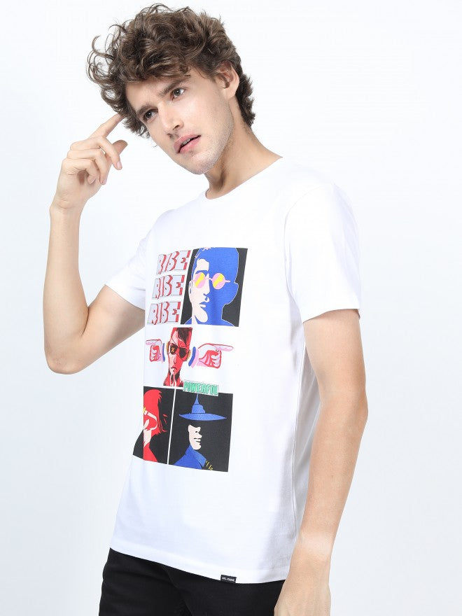 Men White Printed Round Neck Cotton T-shirt - White - Image 5