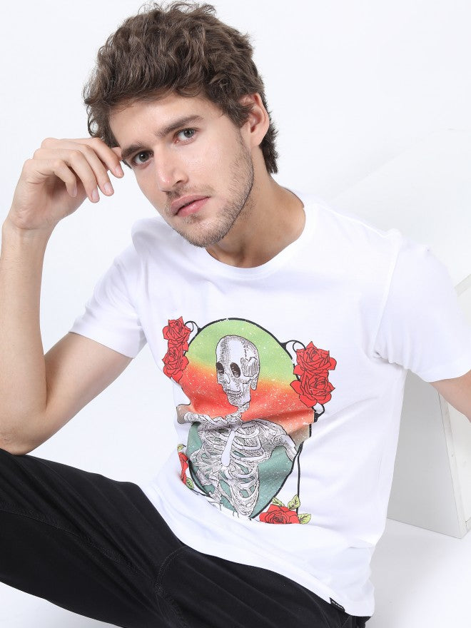 Men White Printed Round Neck Cotton T-shirt - White - Image 1