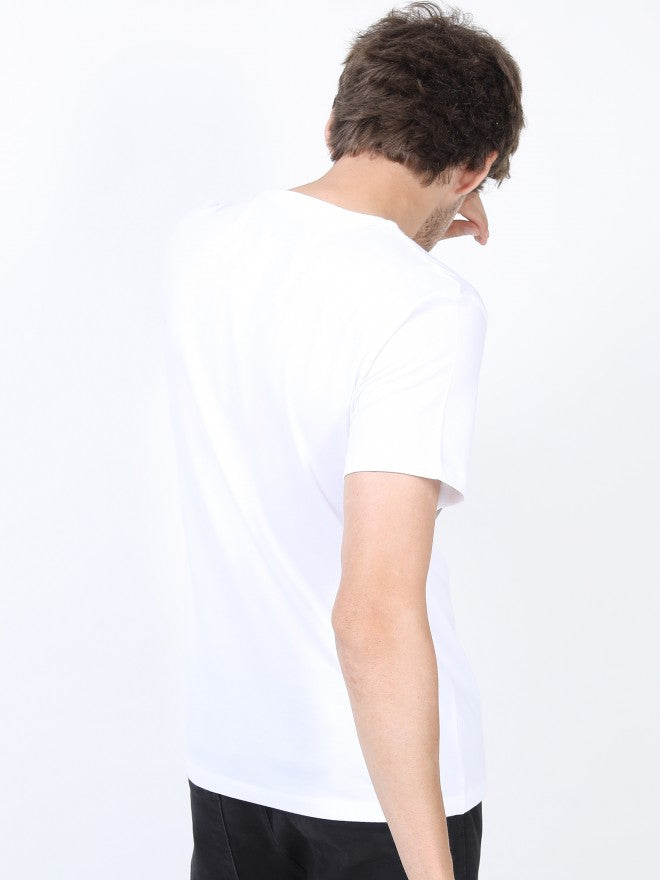 Men White Printed Round Neck Cotton T-shirt - White - Image 3