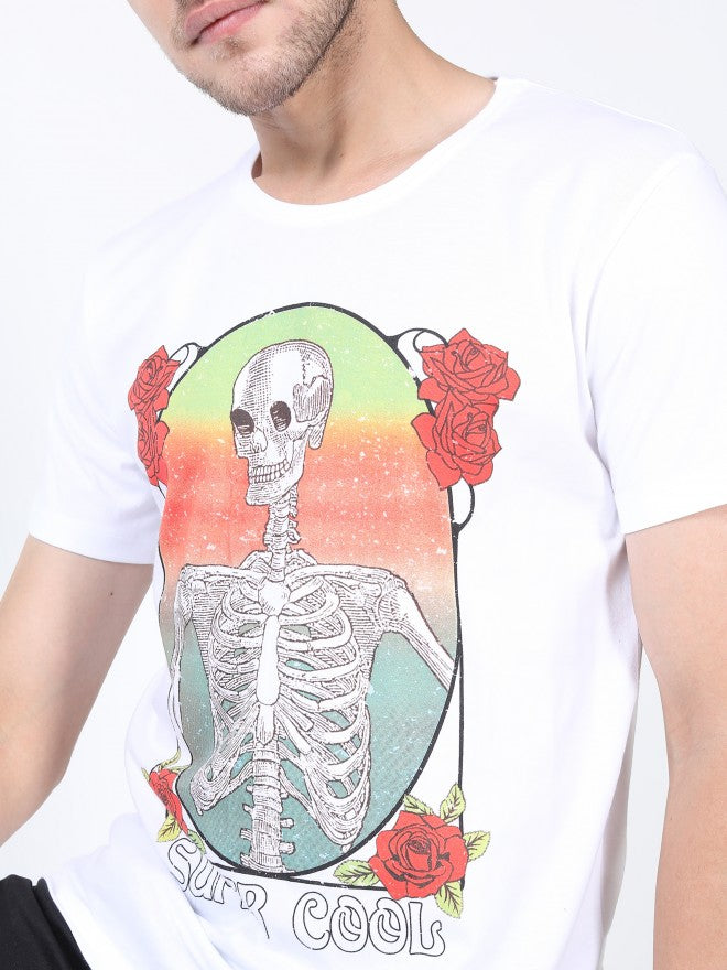 Men White Printed Round Neck Cotton T-shirt - White - Image 4