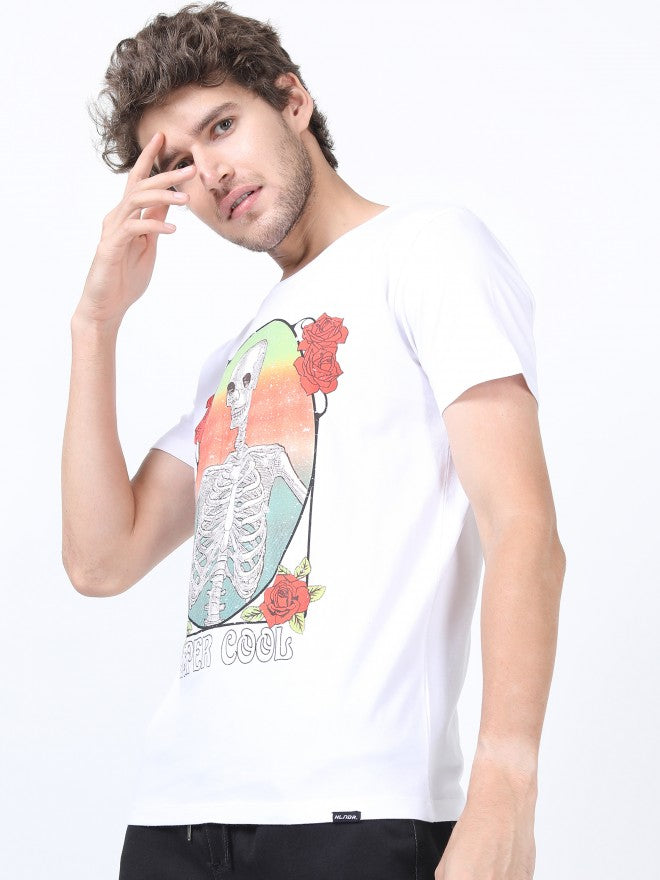 Men White Printed Round Neck Cotton T-shirt - White - Image 5