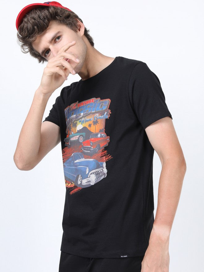 Men Black Printed Round Neck Cotton T-shirt - Black - Image 1