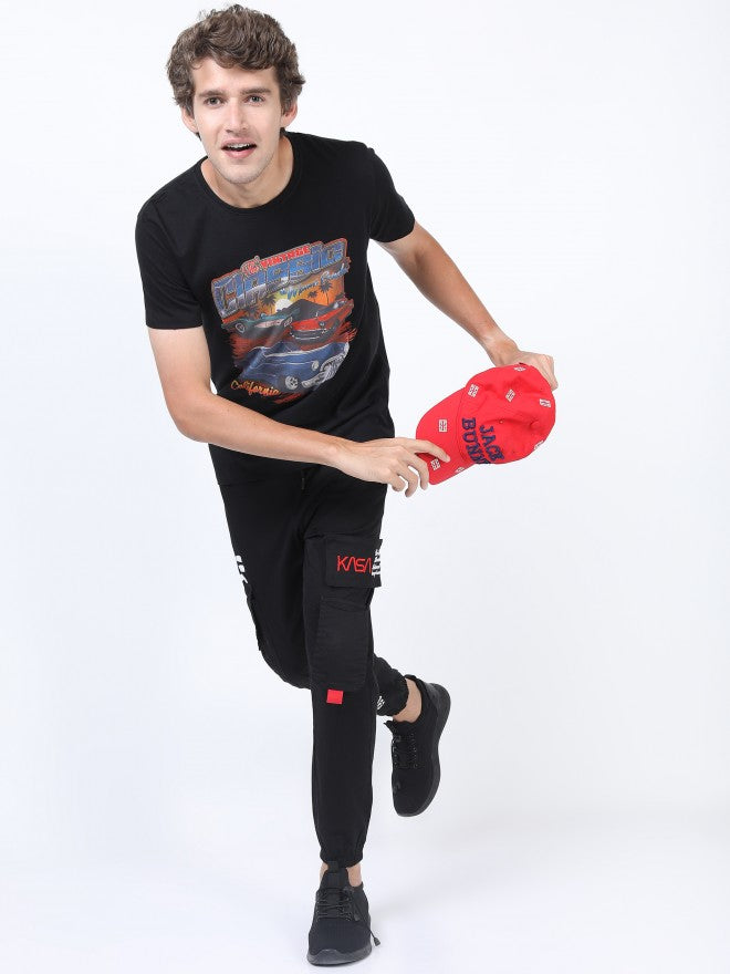 Men Black Printed Round Neck Cotton T-shirt - Black - Image 2