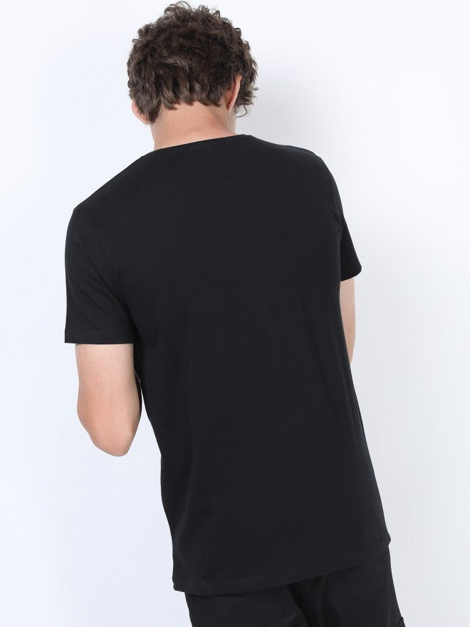 Men Black Printed Round Neck Cotton T-shirt - Black - Image 3