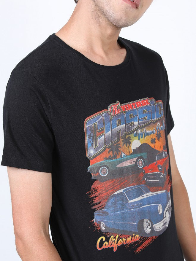 Men Black Printed Round Neck Cotton T-shirt - Black - Image 4