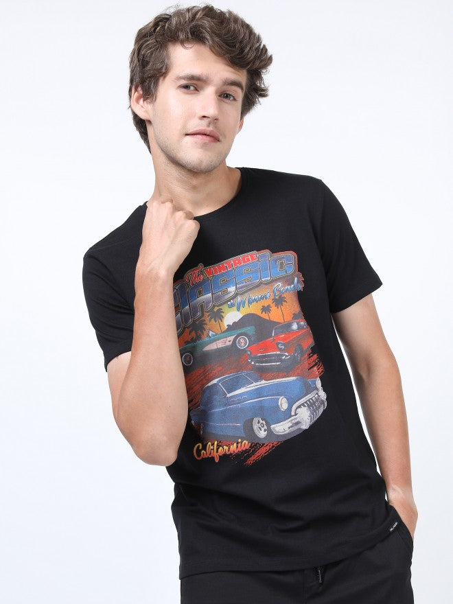 Men Black Printed Round Neck Cotton T-shirt - Black - Image 5