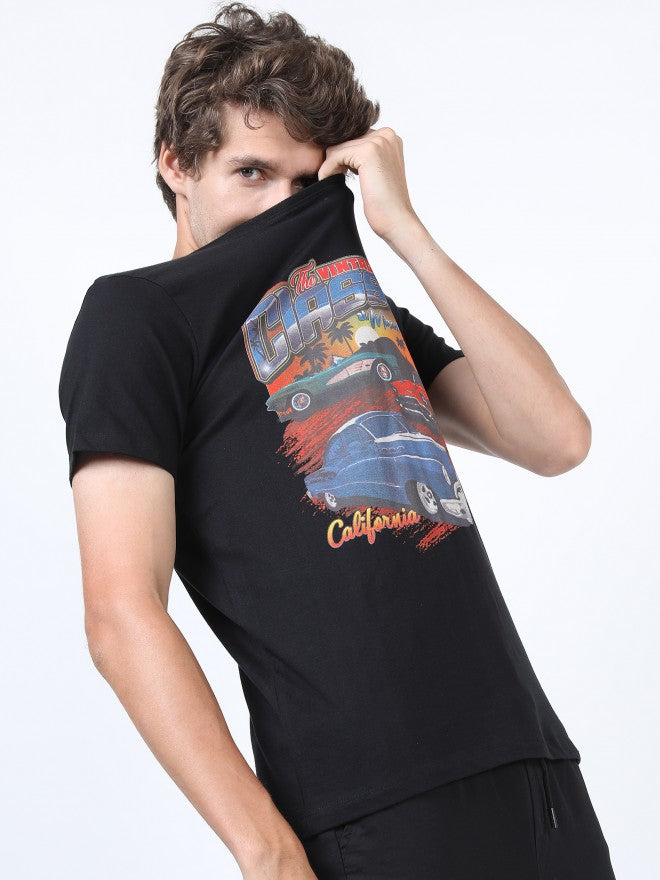 Men Black Printed Round Neck Cotton T-shirt - Black - Image 6