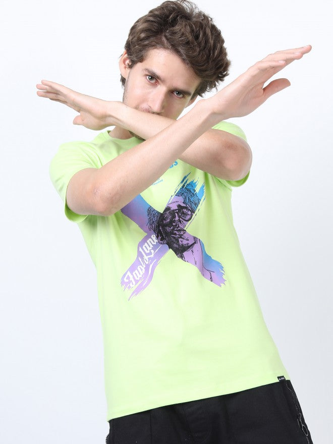 Men Sharp Green Printed Round Neck Cotton T-shirt - Green - Image 1