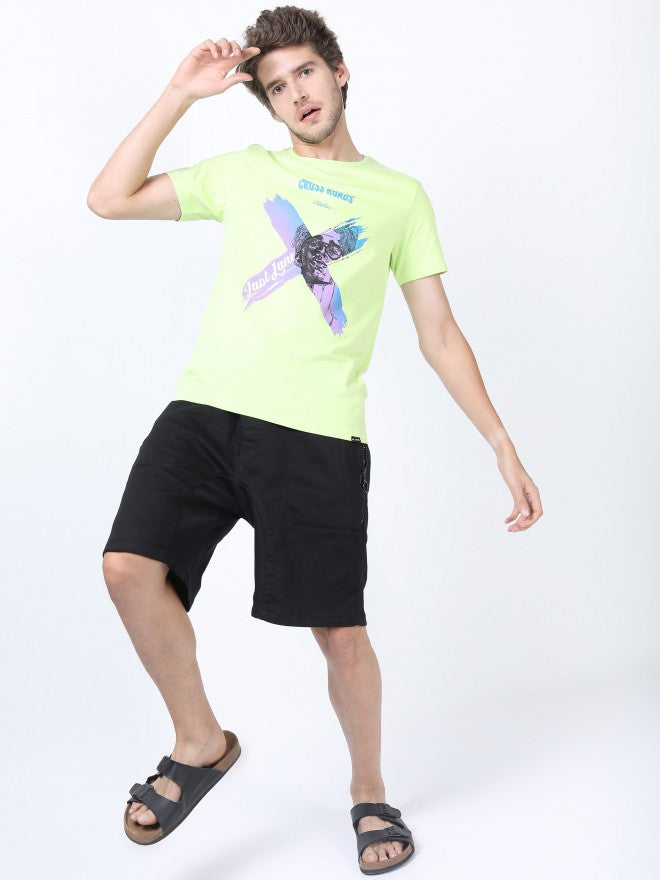 Men Sharp Green Printed Round Neck Cotton T-shirt - Green - Image 2