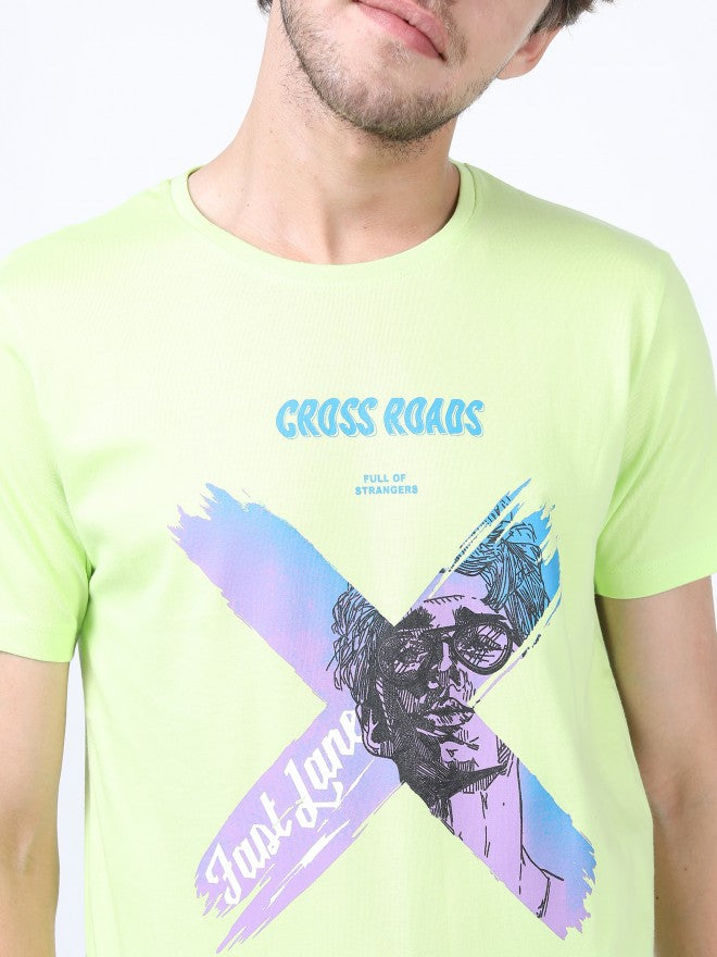 Men Sharp Green Printed Round Neck Cotton T-shirt - Green - Image 4