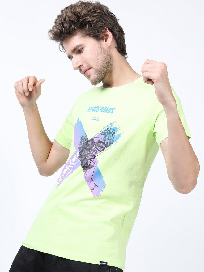 Men Sharp Green Printed Round Neck Cotton T-shirt - Green - Image 5