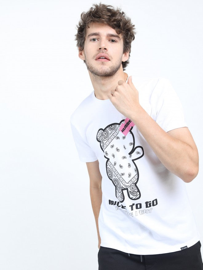 Men White Printed Round Neck Cotton T-shirt - White - Image 1