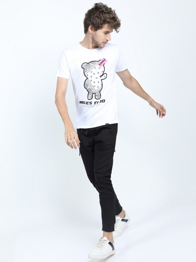 Men White Printed Round Neck Cotton T-shirt - White - Image 2