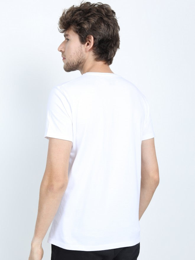 Men White Printed Round Neck Cotton T-shirt - White - Image 3