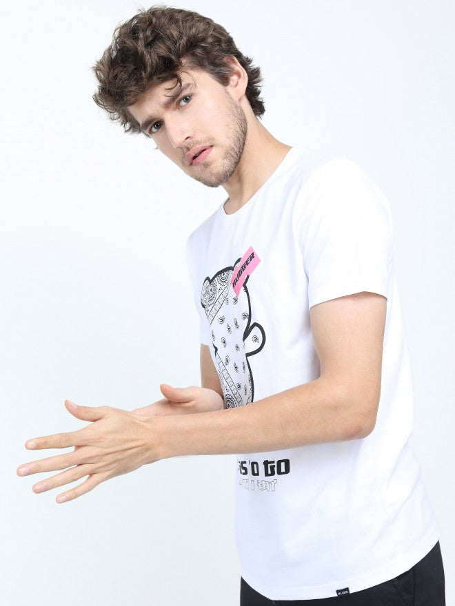 Men White Printed Round Neck Cotton T-shirt - White - Image 4