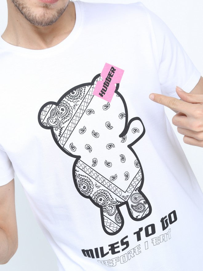 Men White Printed Round Neck Cotton T-shirt - White - Image 5