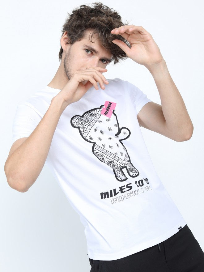 Men White Printed Round Neck Cotton T-shirt - White - Image 6