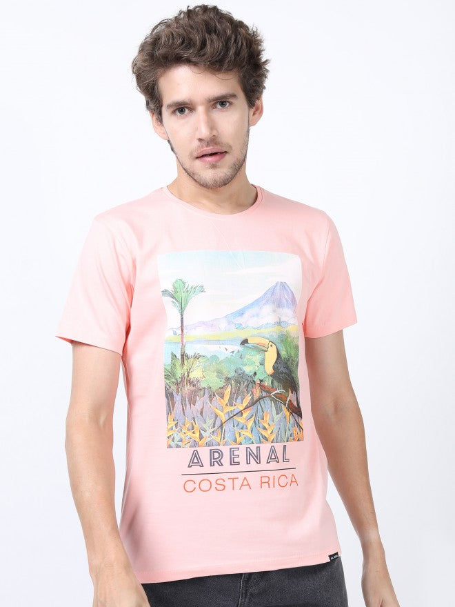 Men Pink Printed Round Neck Cotton T-shirt - Pink - Image 1