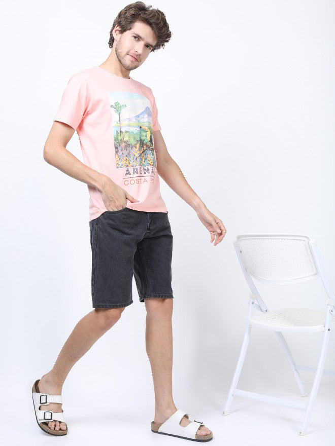 Men Pink Printed Round Neck Cotton T-shirt - Pink - Image 2
