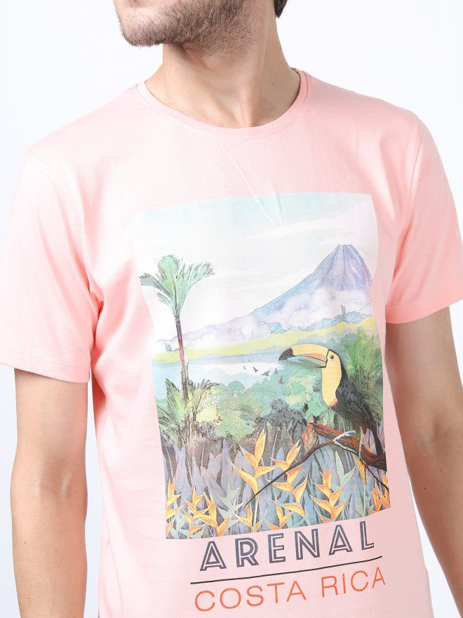 Men Pink Printed Round Neck Cotton T-shirt - Pink - Image 4