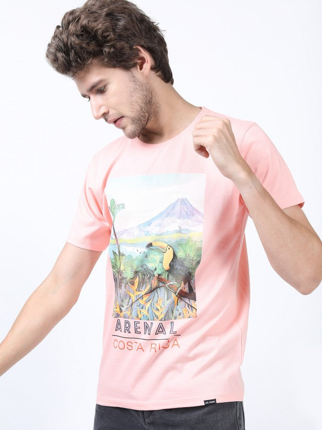 Men Pink Printed Round Neck Cotton T-shirt - Pink - Image 5