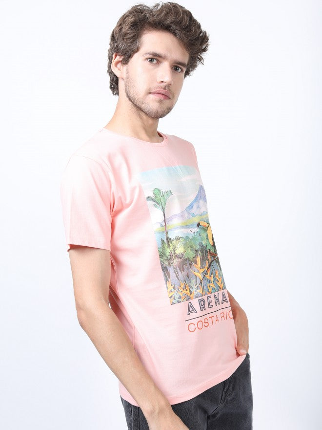 Men Pink Printed Round Neck Cotton T-shirt - Pink - Image 6