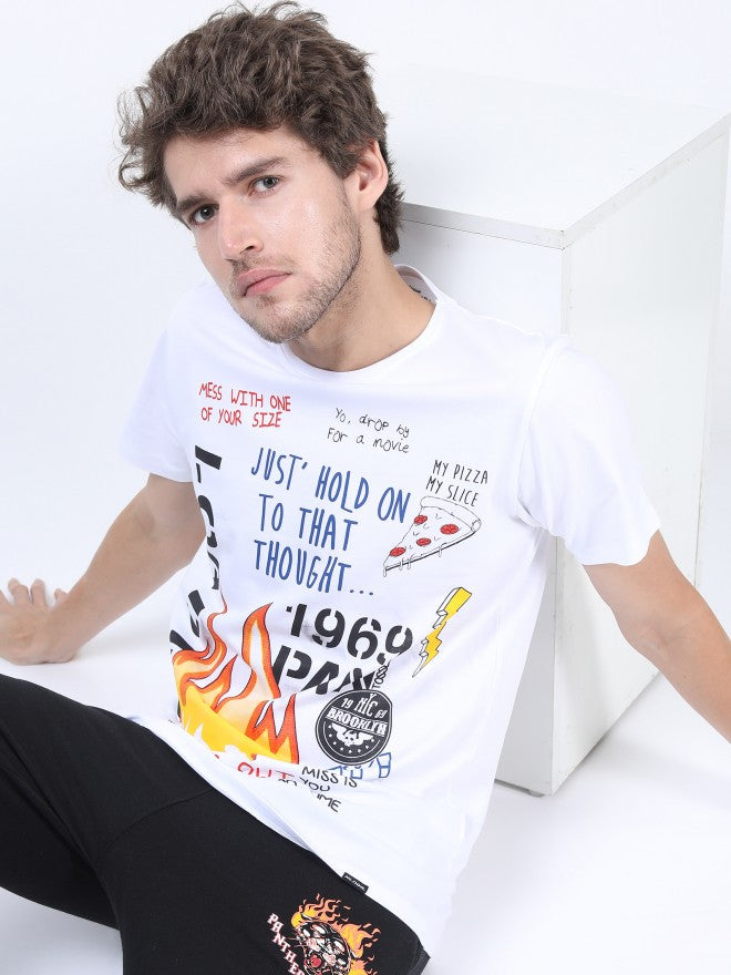 Men White Printed Round Neck Cotton T-shirt - White - Image 1