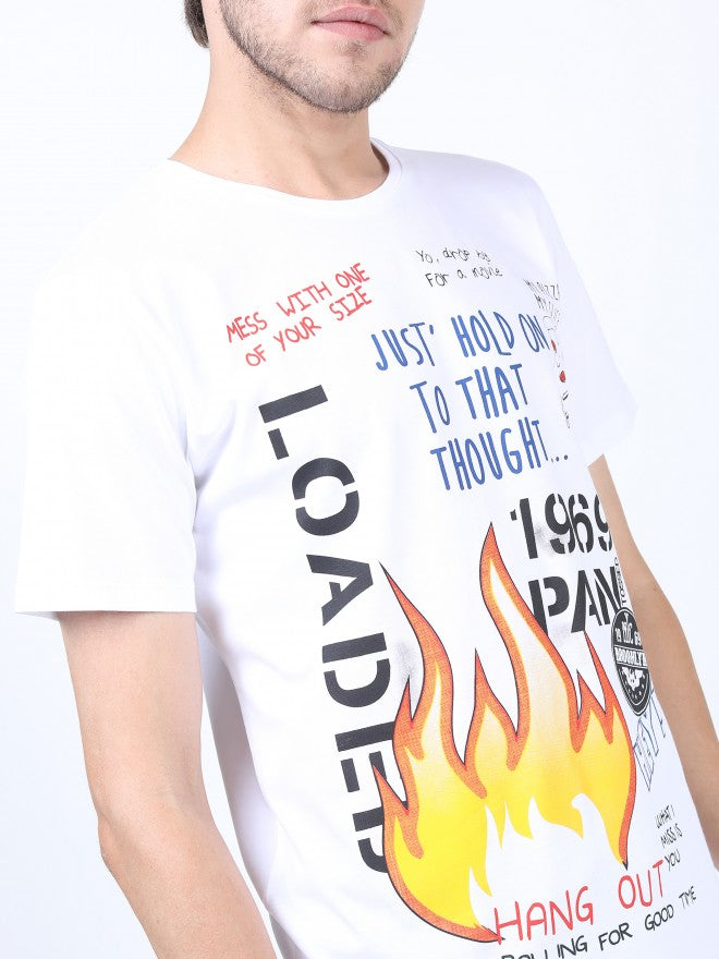 Men White Printed Round Neck Cotton T-shirt - White - Image 4
