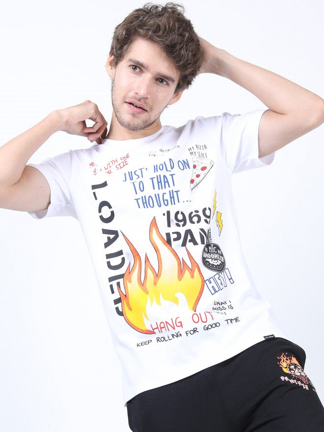 Men White Printed Round Neck Cotton T-shirt - White - Image 5