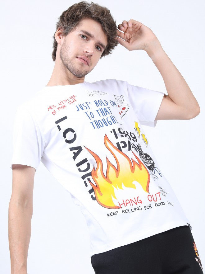 Men White Printed Round Neck Cotton T-shirt - White - Image 6