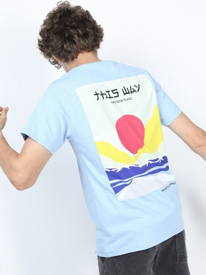 Men Airy Blue Printed Round Neck Cotton T-shirt - Blue - Image 1