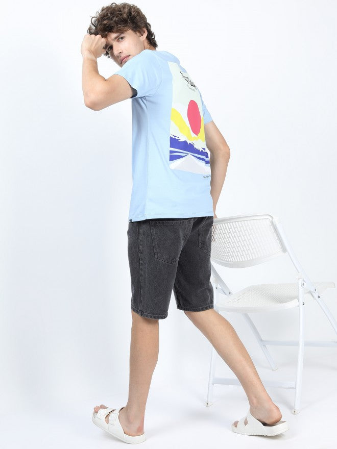 Men Airy Blue Printed Round Neck Cotton T-shirt - Blue - Image 2