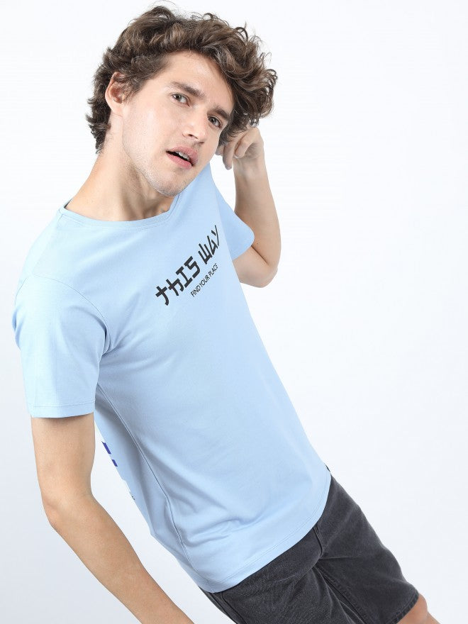 Men Airy Blue Printed Round Neck Cotton T-shirt - Blue - Image 3